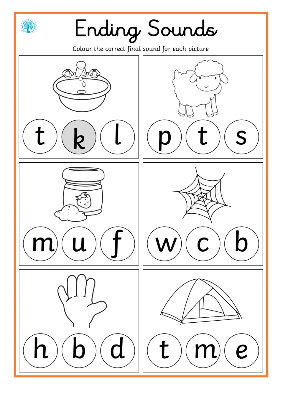 Final-sound practice for six pictures: sink, sheep, jam, web, hand, and tent, with letters to color