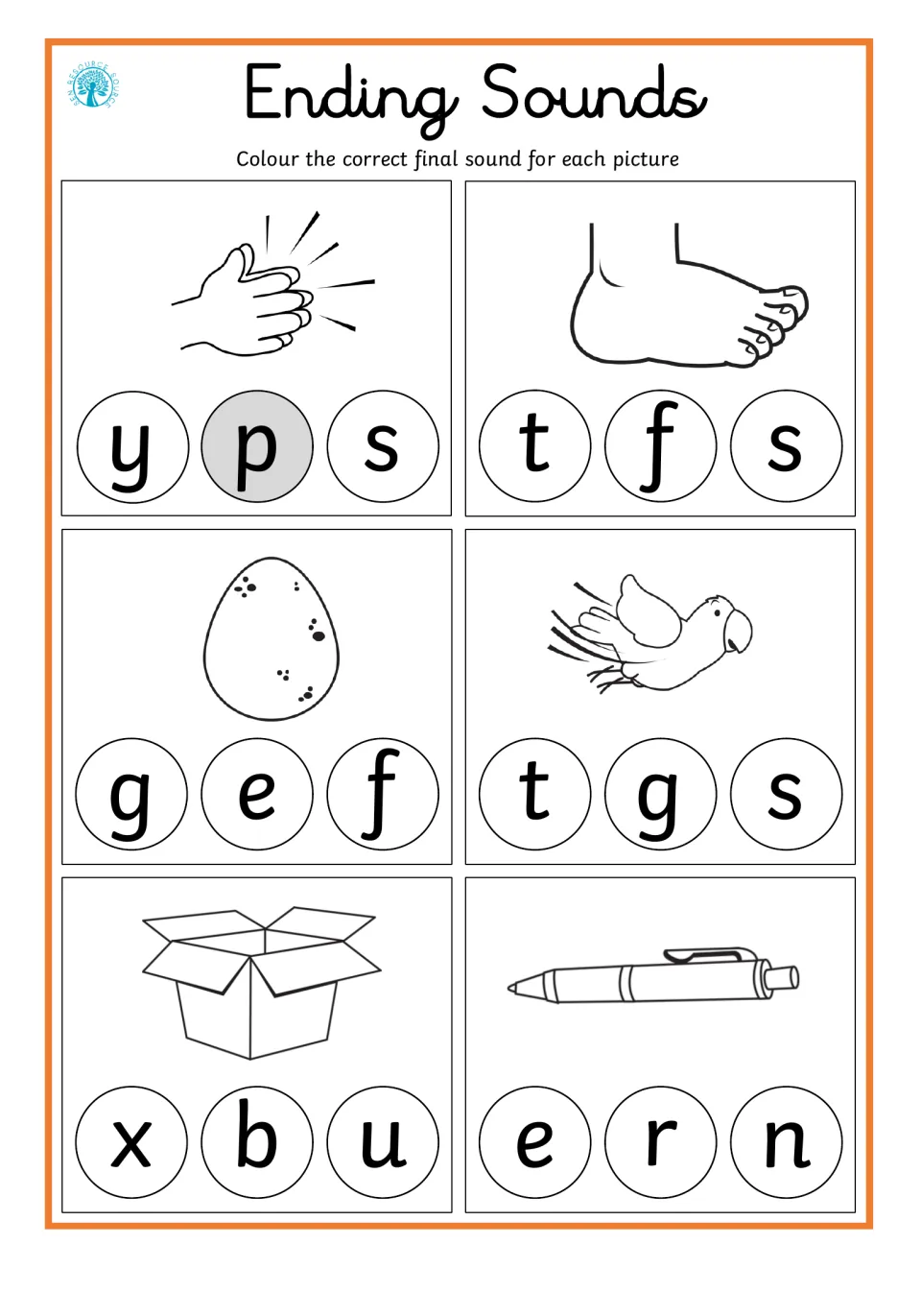 Final-sound practice for six pictures: clap, foot, egg, parrot, box, and pen, with three letter choices each