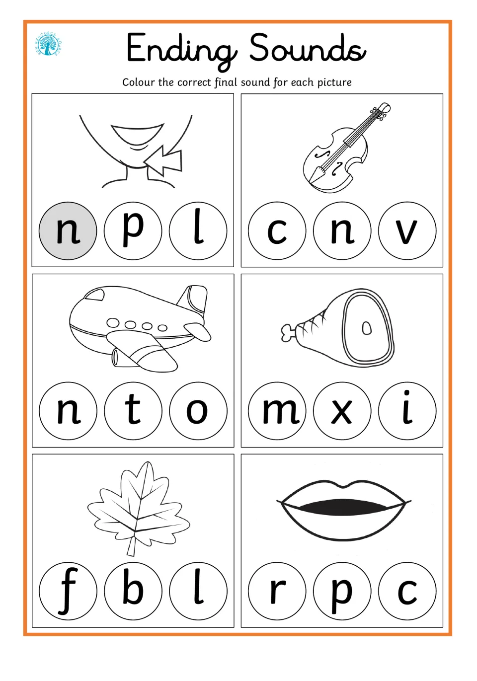 Final-sound practice for six pictures: chin, violin, plane, ham, leaf, and lips, with letters to color