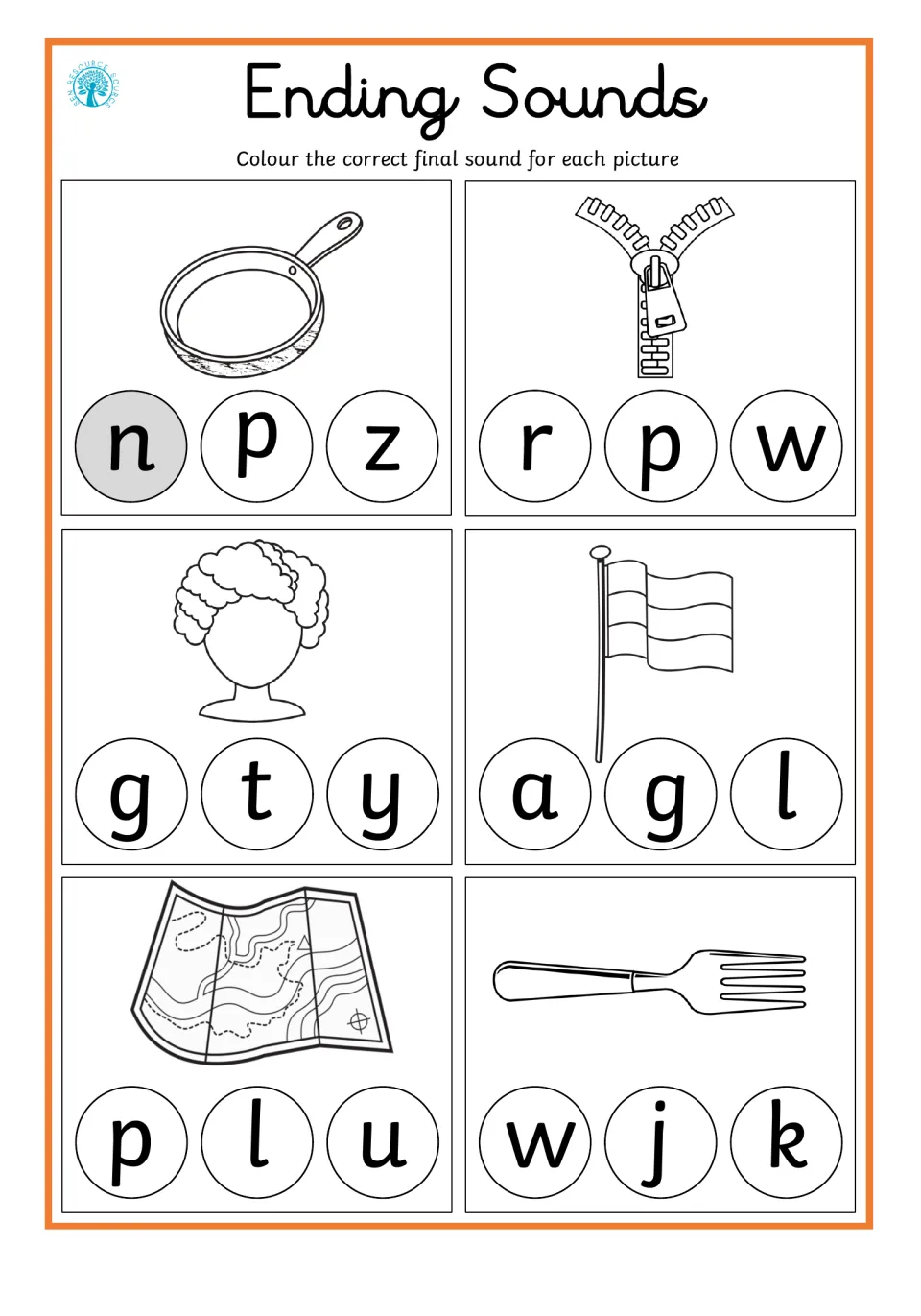 Final-sound practice for six pictures: pan, zipper, wig, flag, map, and fork, with three letter choices each