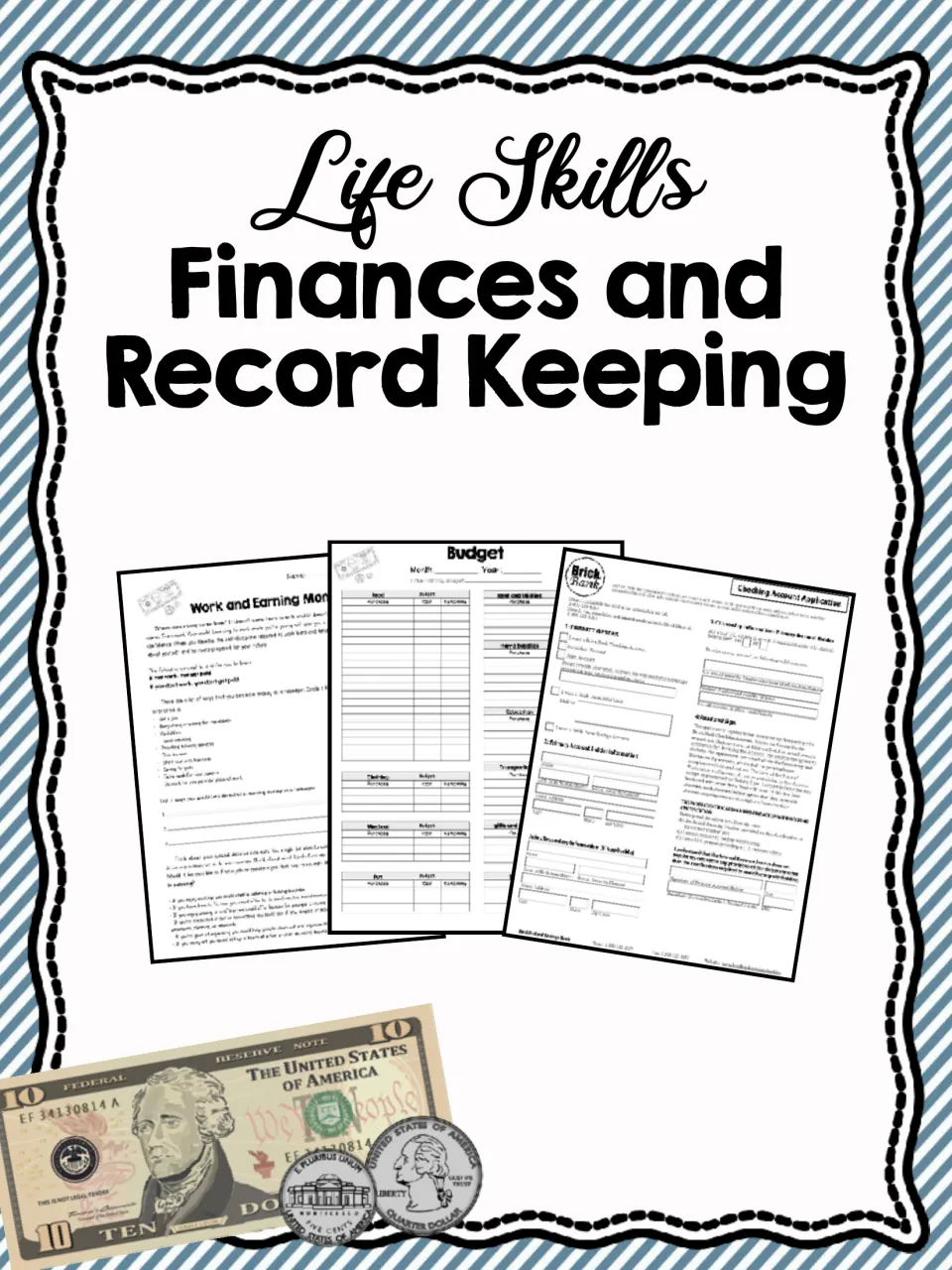 Life Skills Finances and Record Keeping cover showing a work and earning money handout, a budget form and a checking form