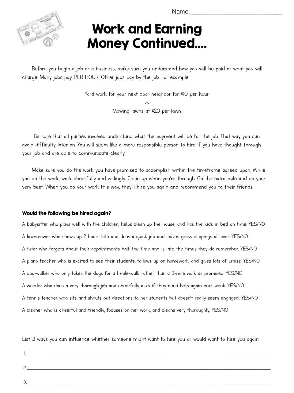 Hourly vs per-job pay and work ethics: students mark YES/NO on whether 8 workers would be hired again, then list 3 ways