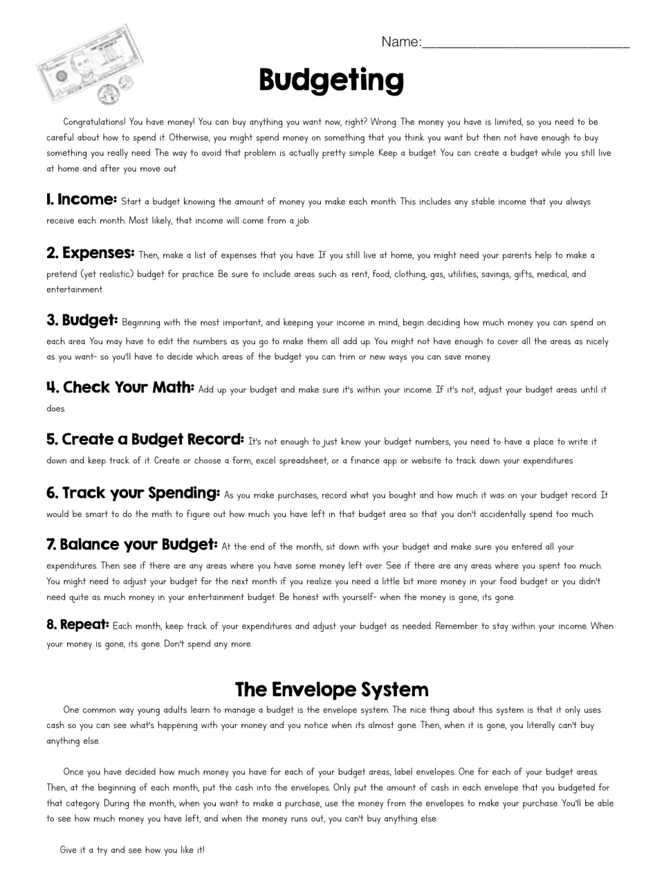 Budgeting: eight steps from income and expenses to tracking and balancing a budget, plus how the envelope system works