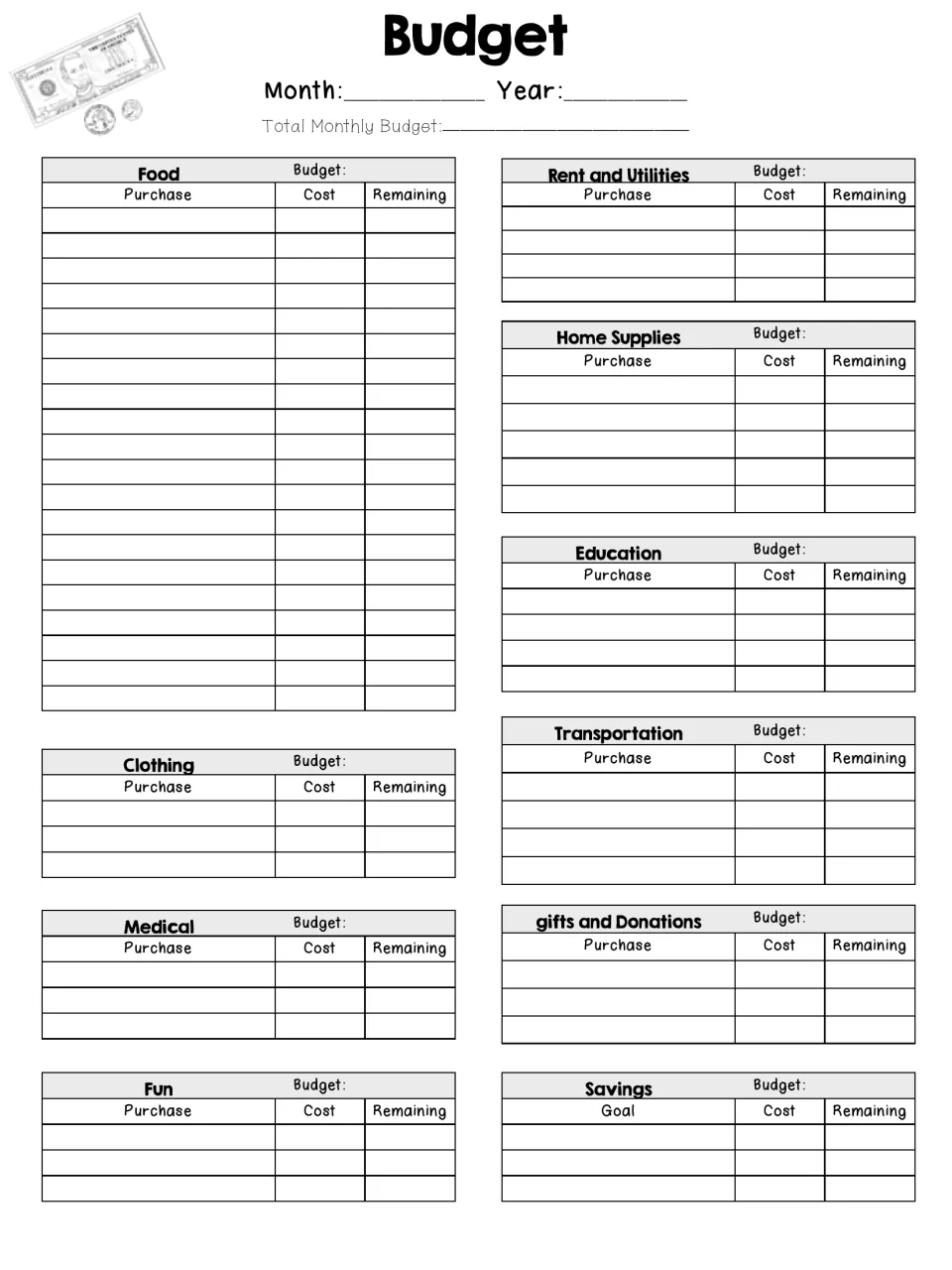 Blank monthly budget form with purchase, cost and remaining for food, rent, clothing, medical, fun, savings and more