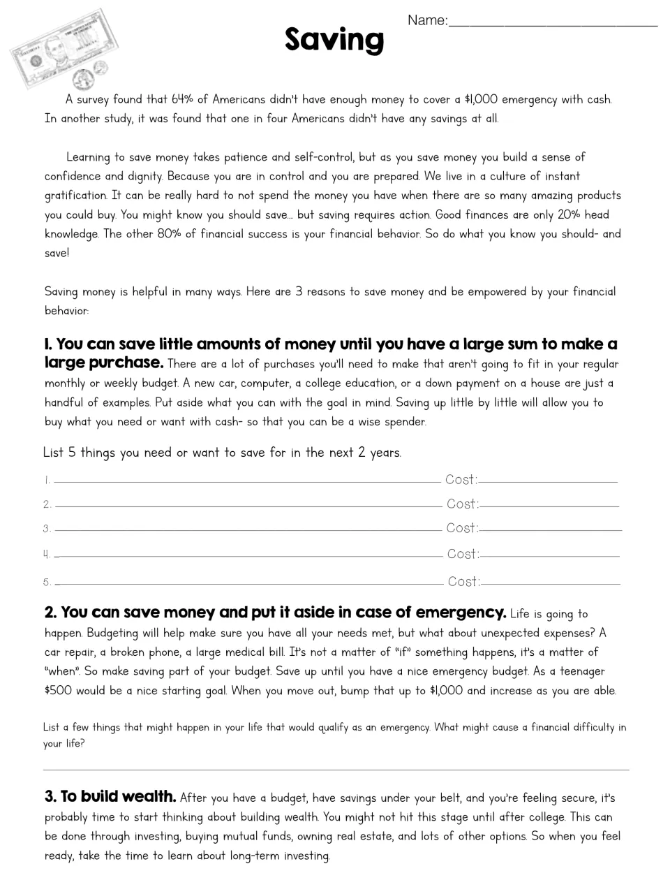 Saving: reasons to save for big buys, emergencies and wealth; students list 5 goals with costs and possible emergencies