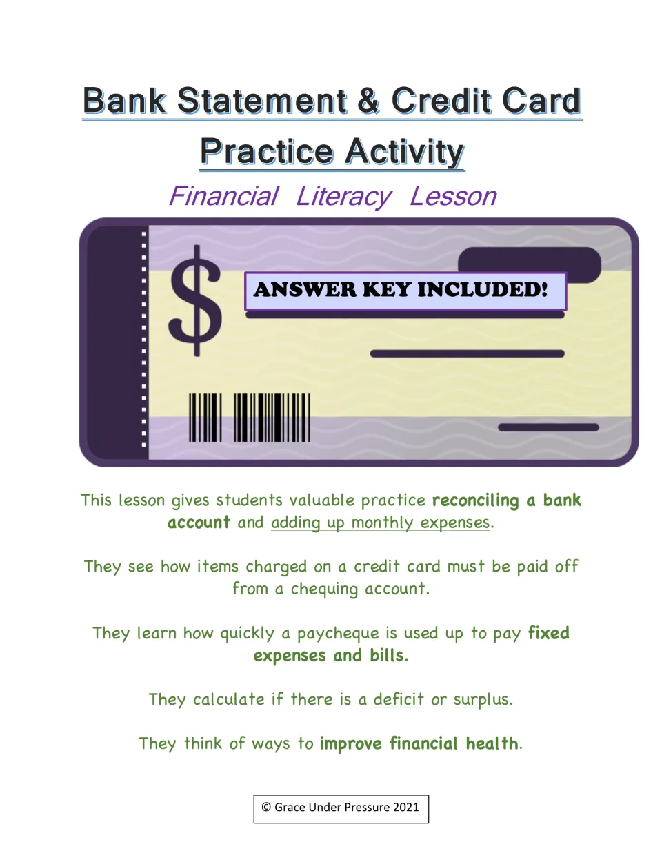 Bank Statement & Credit Card Practice Activity cover: reconcile accounts, total expenses, find a deficit or surplus