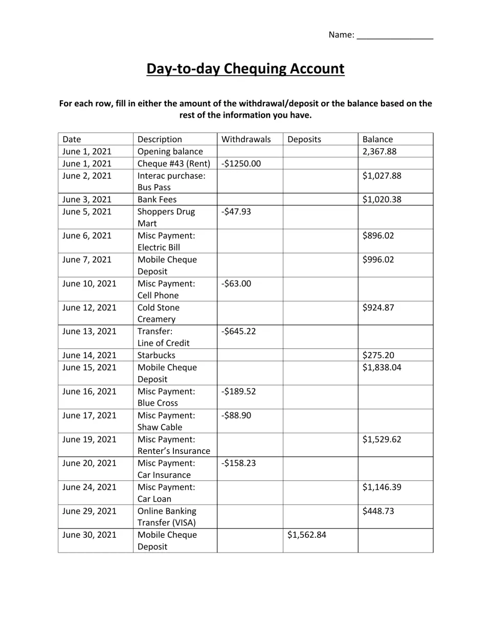 Day-to-day chequing account: students fill in missing withdrawals, deposits or balances for June transactions