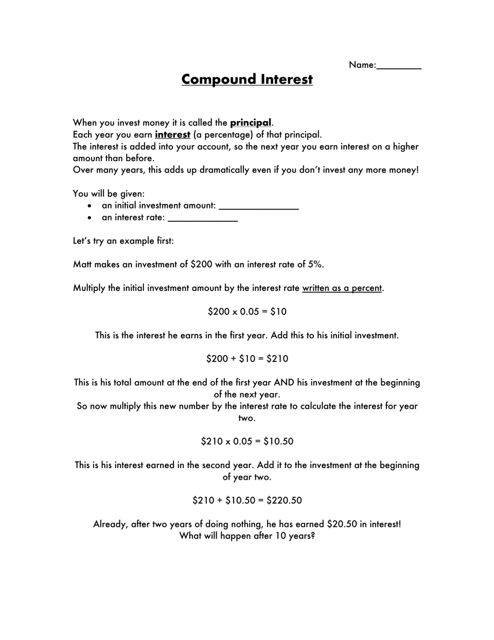Compound interest intro defining principal and interest, with a worked example of $200 at 5% calculated year by year
