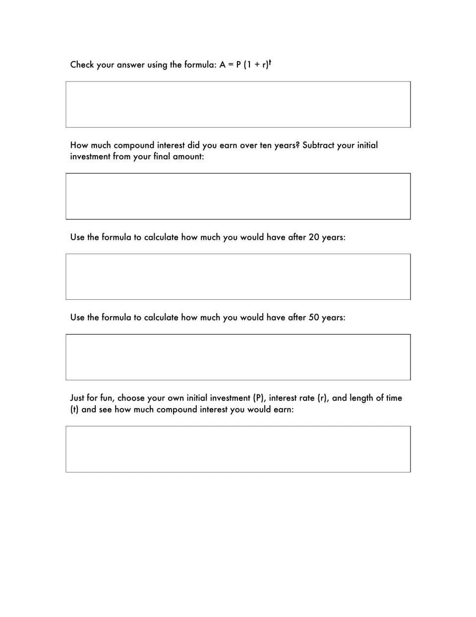 Formula check: students verify their 10-year total, find interest earned, and project the amount after 20 and 50 years