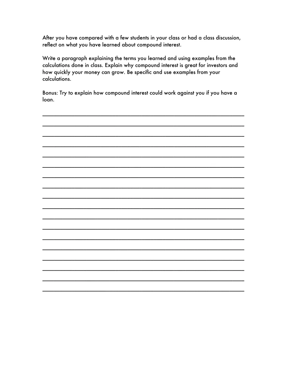 Compound interest reflection: students write a paragraph using terms and examples from class, with a bonus question on loans