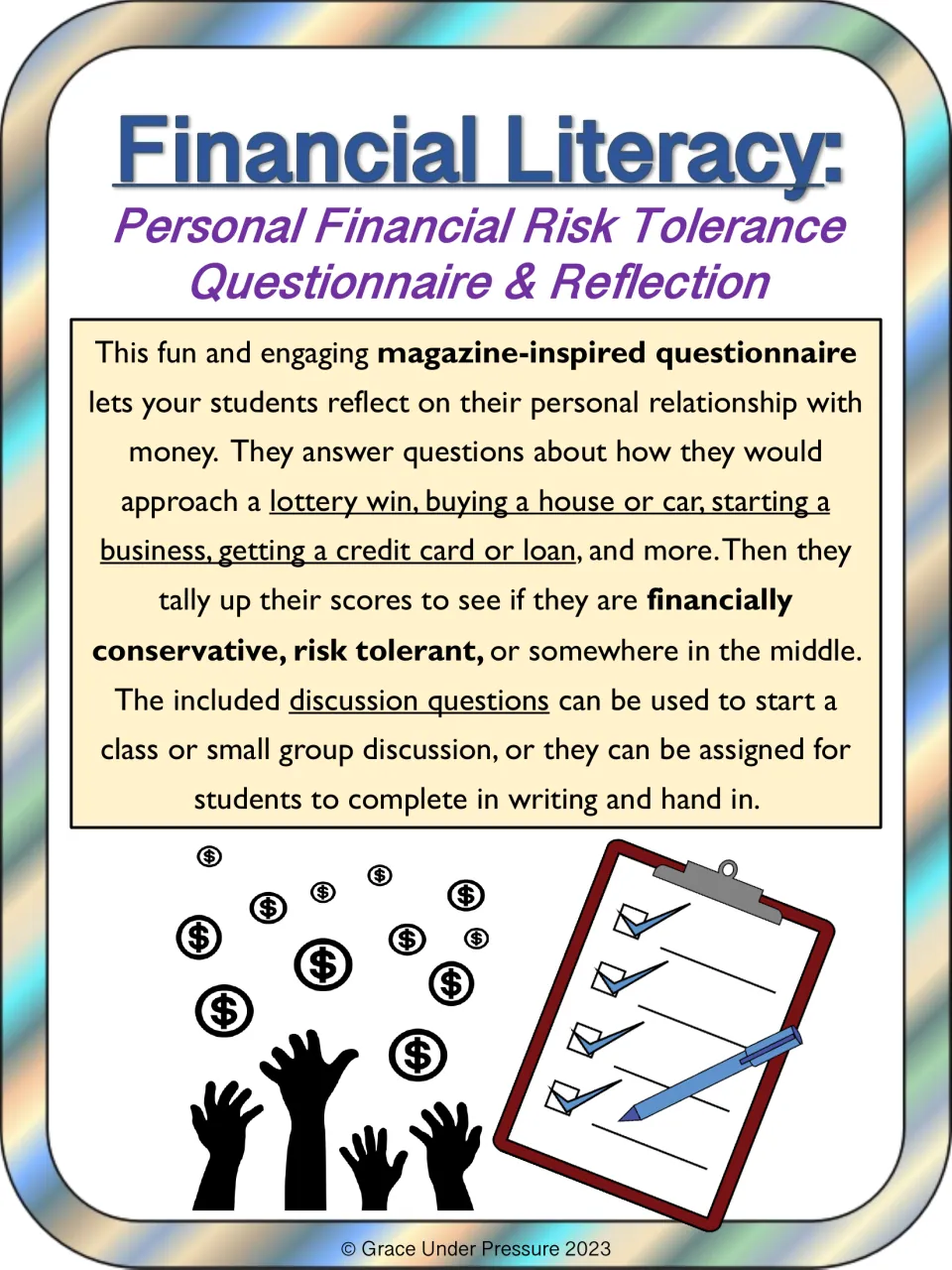 Cover for a risk tolerance questionnaire and reflection on money choices like lottery wins, loans and starting a business