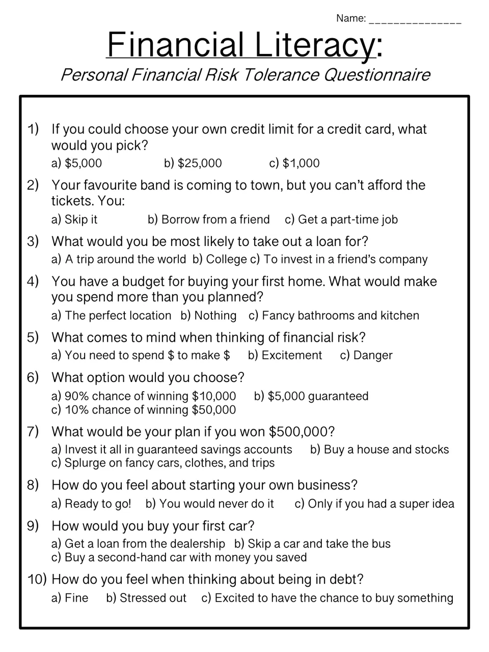 Money choices quiz: students pick a, b or c on 10 questions about credit limits, loans, buying a home or car and debt
