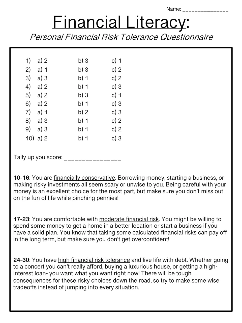 Scoring guide: students tally point values for each answer; 10-16 is conservative, 17-23 moderate, 24-30 high risk