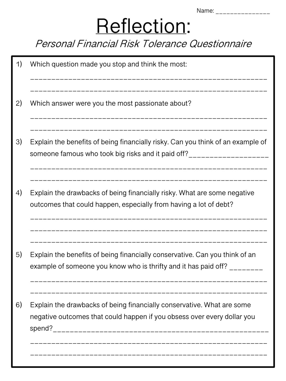 Reflection: six written prompts on the most thought-provoking question and the pros and cons of risk versus thrift