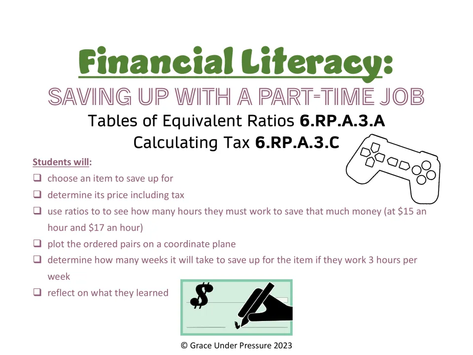 Saving up with a part-time job cover: equivalent ratio tables and tax (6.RP.A.3) with a checklist of the student tasks