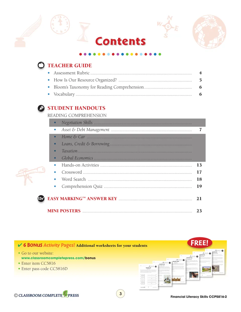 Table of contents: teacher guide, Asset & Debt Management reading (p. 7), hands-on activities, quiz, answer key