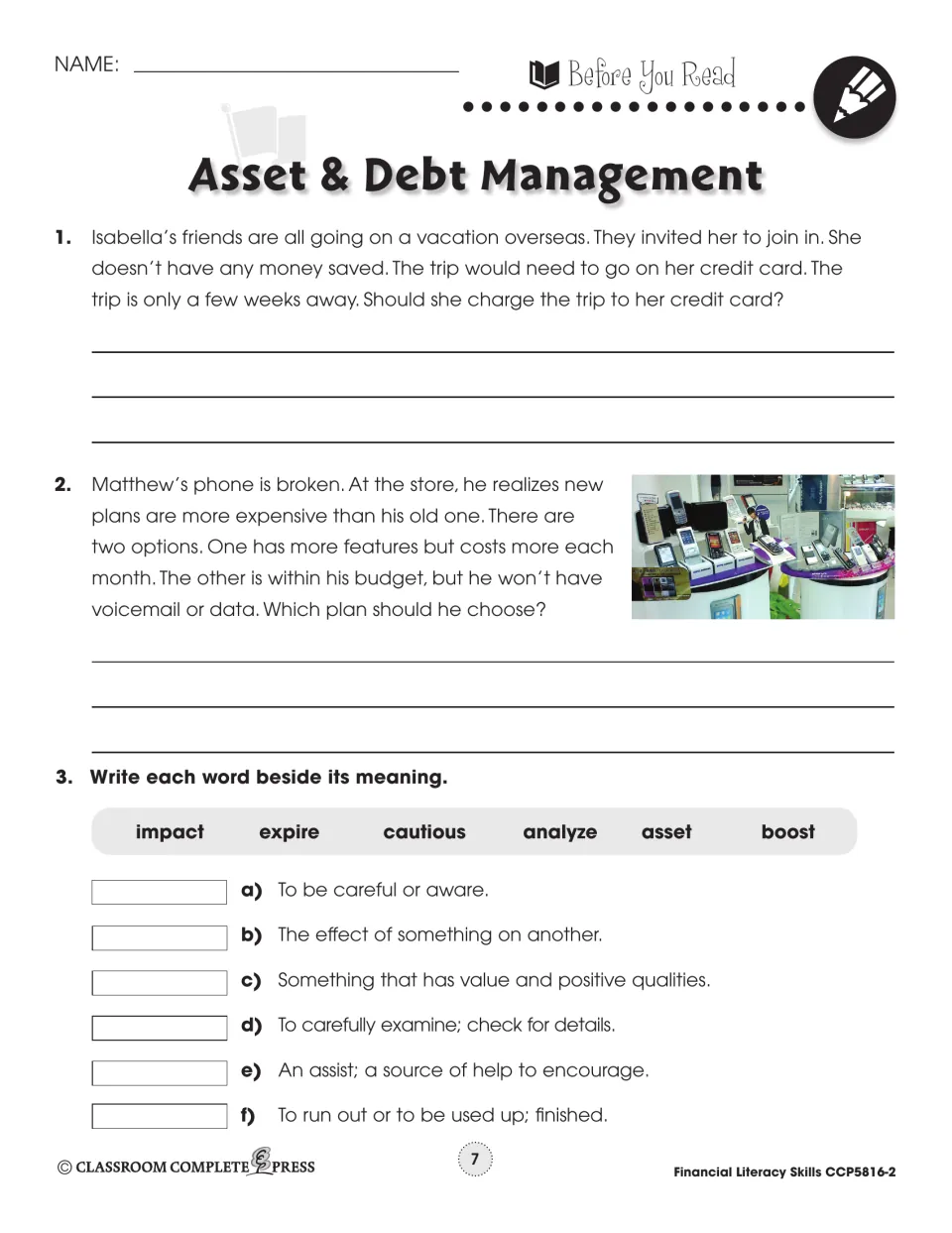 Before You Read: Isabella's credit card trip, Matthew's phone plan, and matching 6 words such as asset and expire