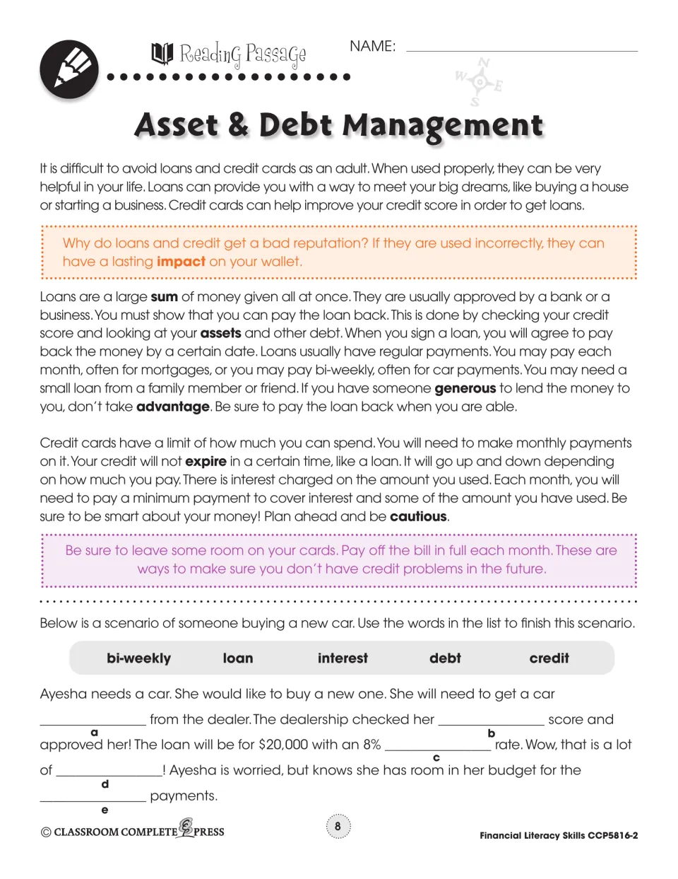 Reading passage part 1 on loans and credit cards, ending with a fill-in scenario about Ayesha's $20,000 car loan