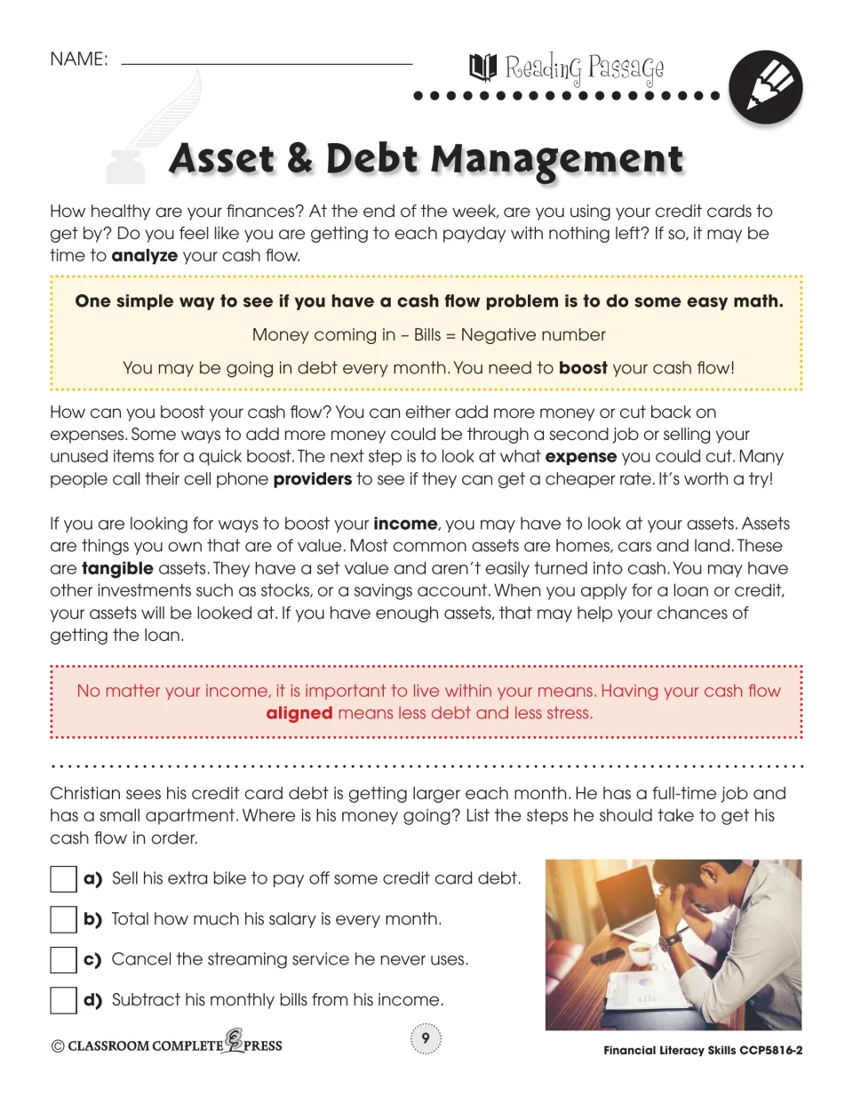 Reading passage part 2 on cash flow and tangible assets, with steps to order for Christian's credit card debt