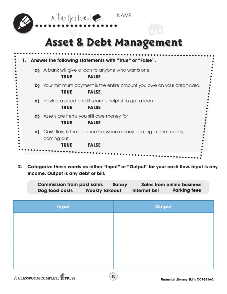 After You Read: 5 true-or-false items, then sorting salary, internet bill and more as cash flow input or output
