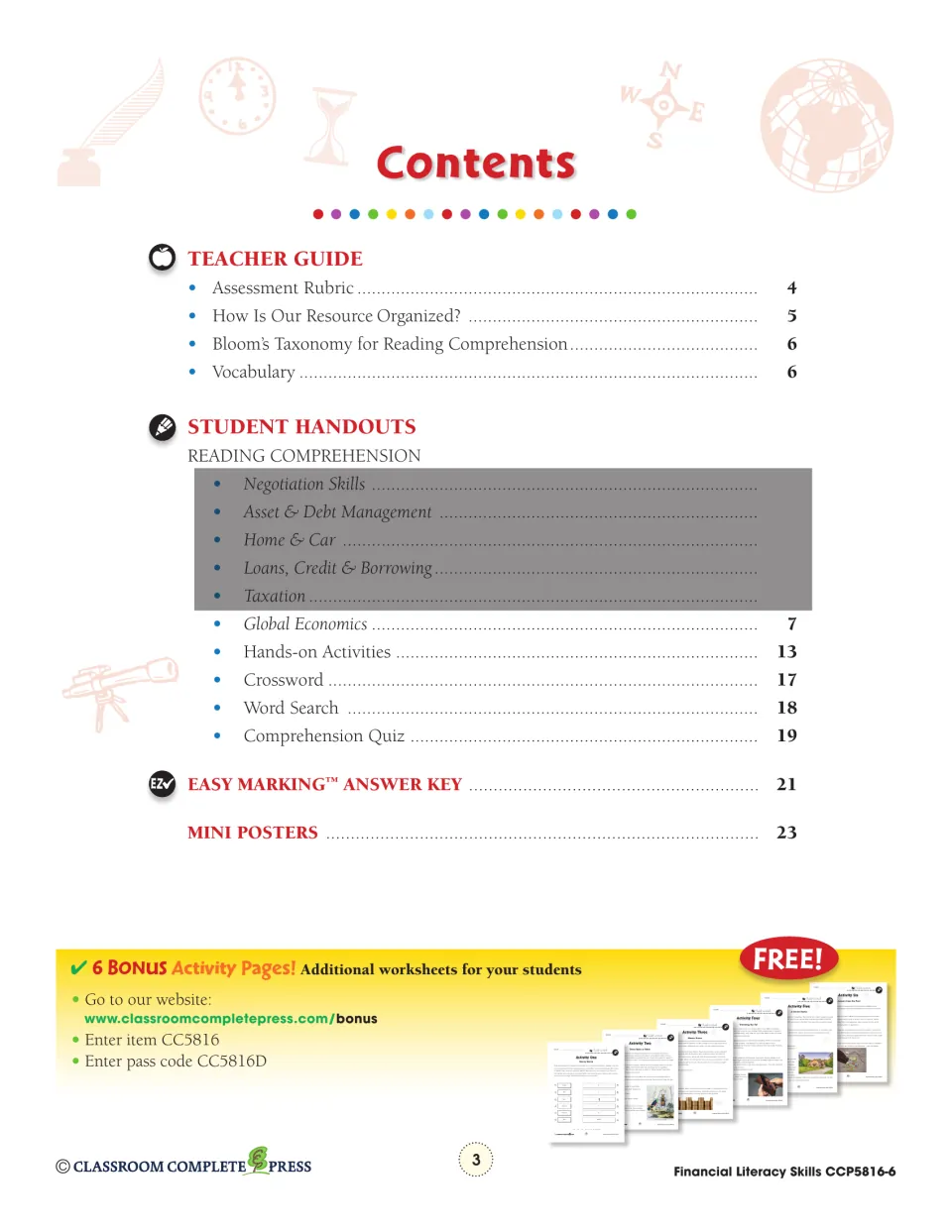 Chapter contents list teacher guidance, student reading, hands-on activities, puzzles, a quiz, and answers