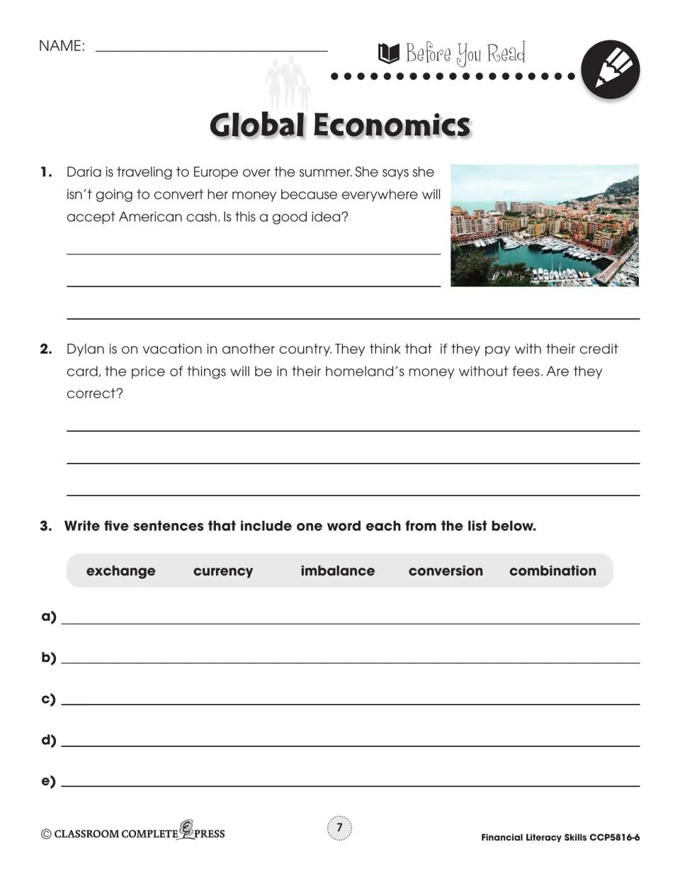 Before-reading questions address cash and credit cards abroad, followed by five vocabulary sentence prompts