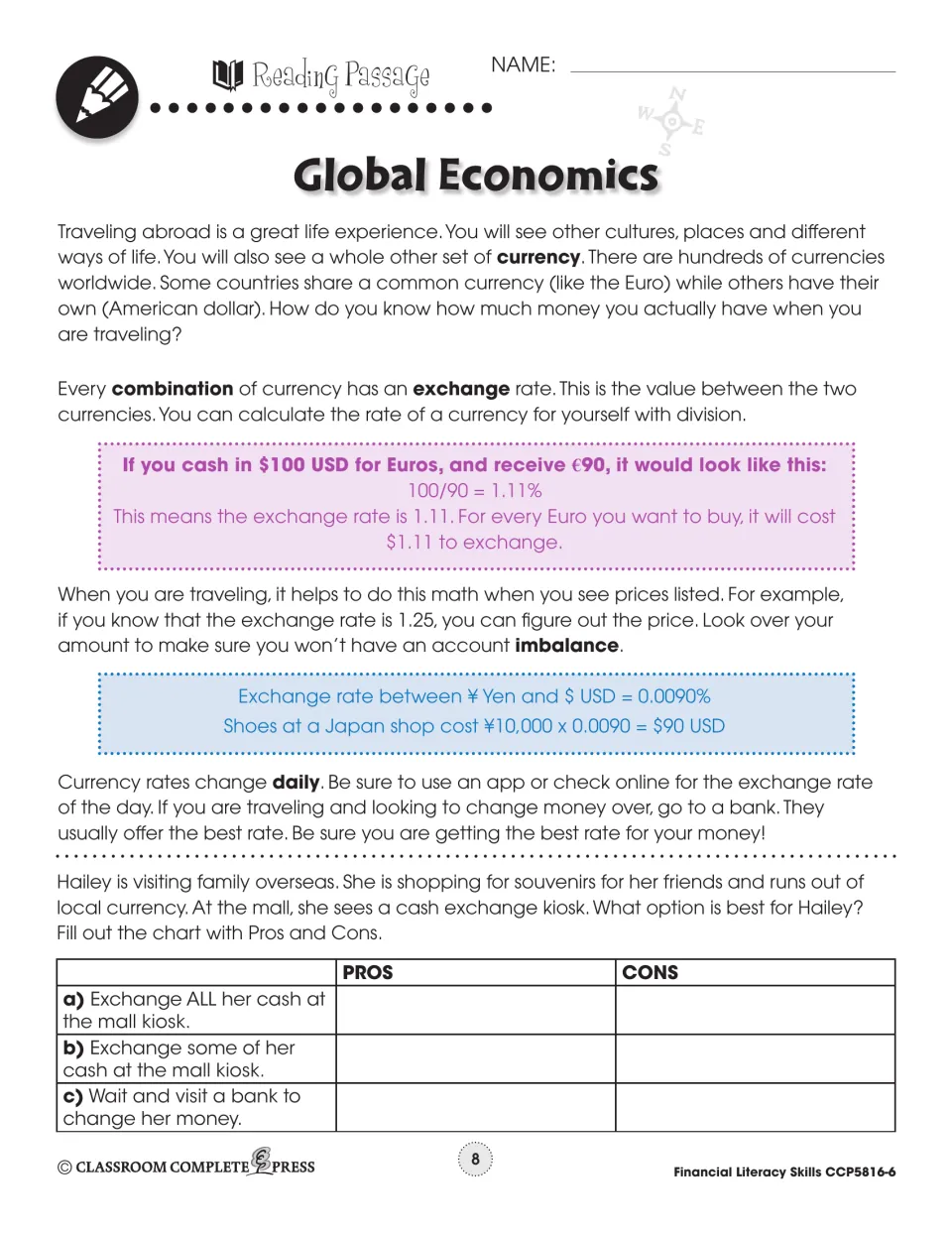 First reading passage covers currency exchange calculations and asks students to compare Hailey's cash options
