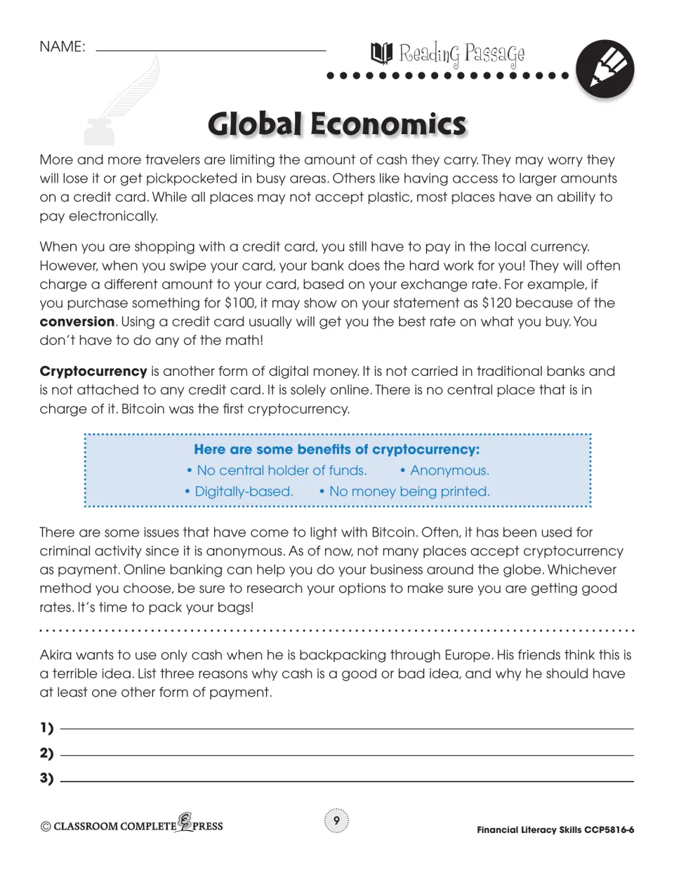 Second reading passage introduces credit card conversion and cryptocurrency, then asks about Akira's cash use