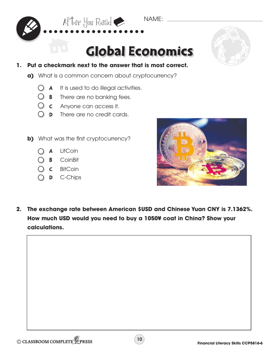 After-reading practice asks two cryptocurrency questions and the dollar cost of a 105-yuan coat in China