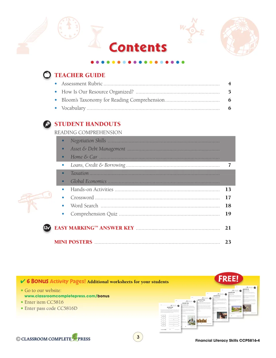 Contents lists the teacher guide, borrowing chapter, hands-on activities, puzzles, quiz, answer key, and mini posters