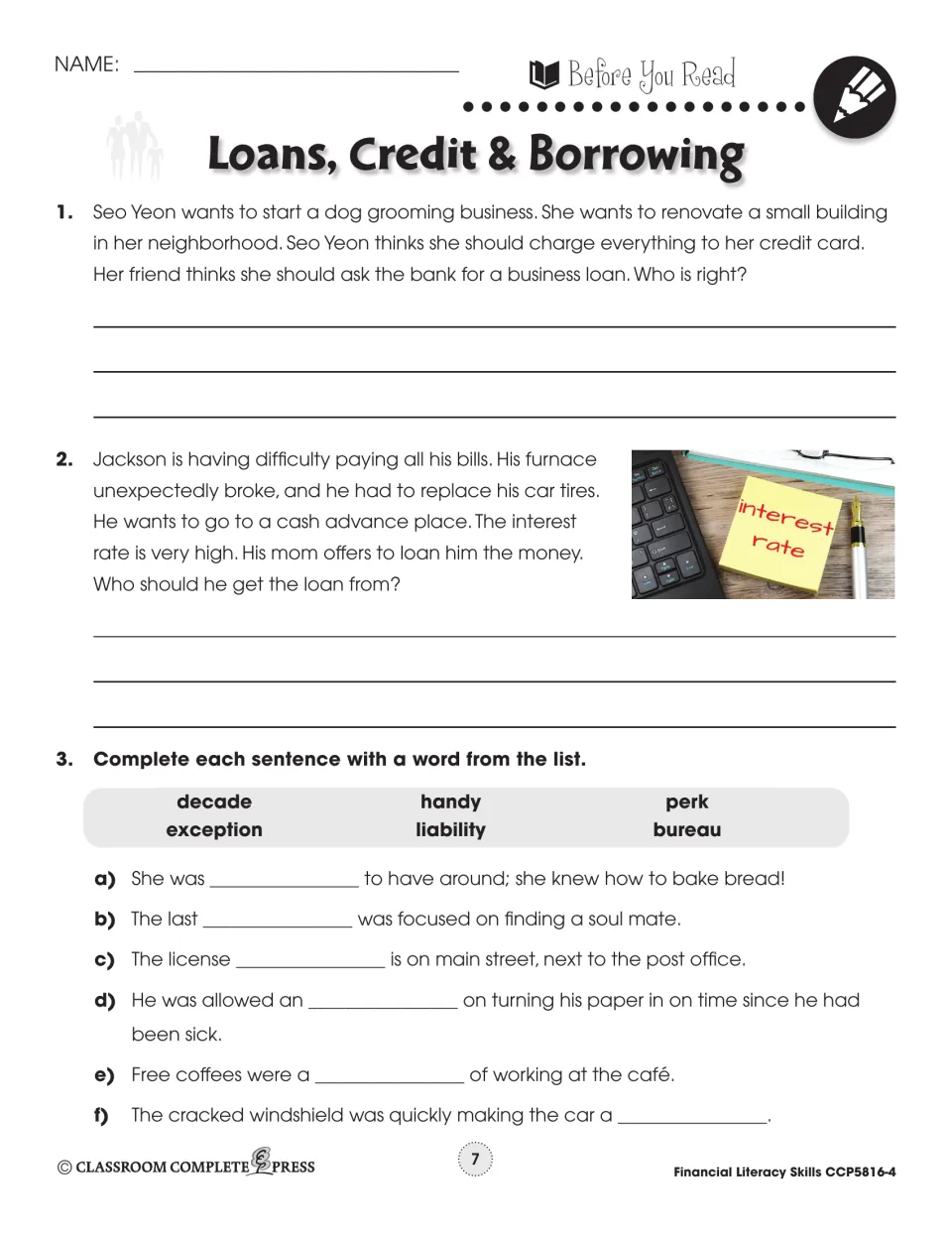 Before-reading practice asks students to compare borrowing choices and complete six vocabulary sentences