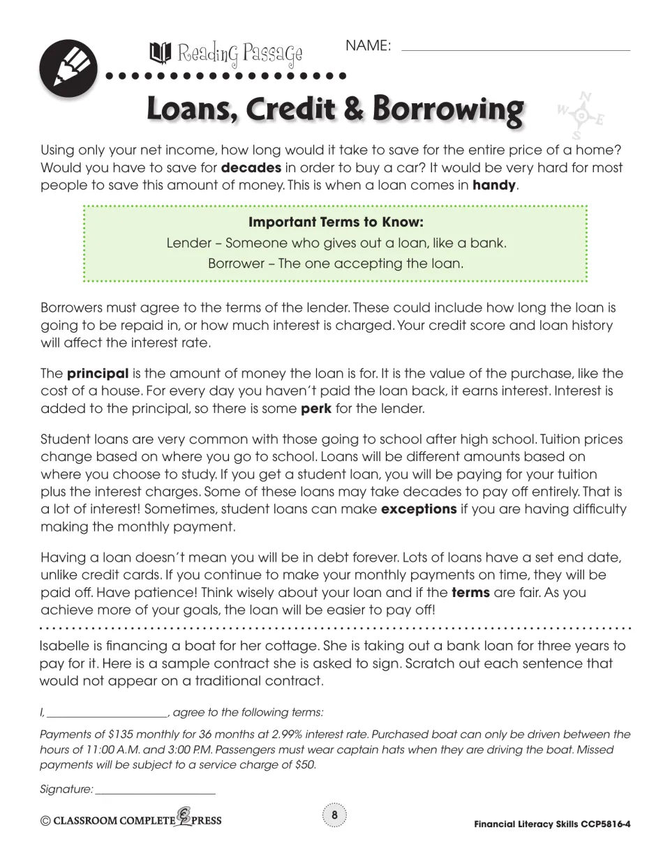 First reading passage explains lenders, borrowers, principal, interest, and student loans, then checks loan terms