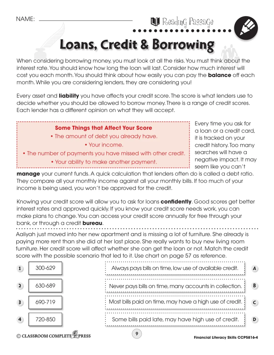 Second reading passage discusses borrowing risks and credit history, then asks students to match credit score ranges