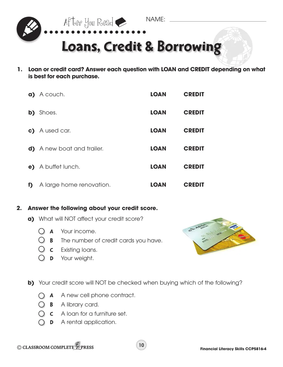 After-reading practice asks students to choose loans or credit for six purchases and answer two credit score questions