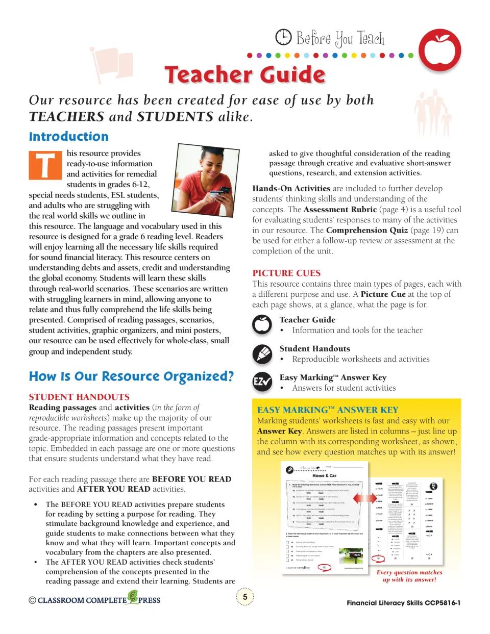 Teacher guide introduction explaining the reading passages, before and after you read activities and answer key