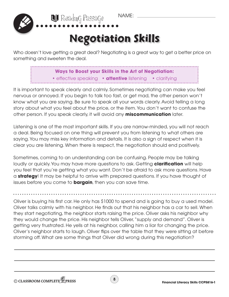 Reading passage part 1: speaking clearly, attentive listening, clarifying and Oliver's failed car negotiation