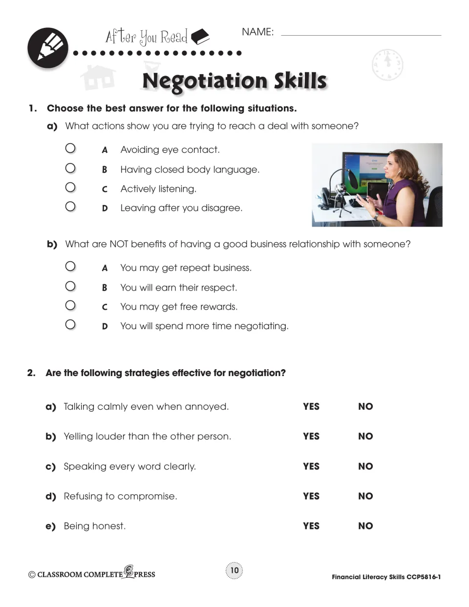 After you read: multiple choice on reaching a deal and yes/no on strategies such as talking calmly