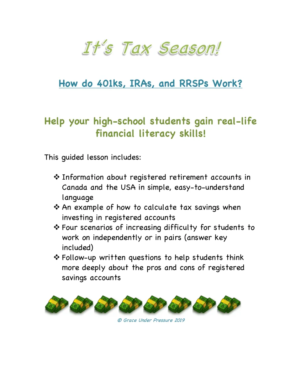 It's Tax Season! cover for How do 401ks, IRAs, and RRSPs Work?, listing account info, a worked example, 4 scenarios