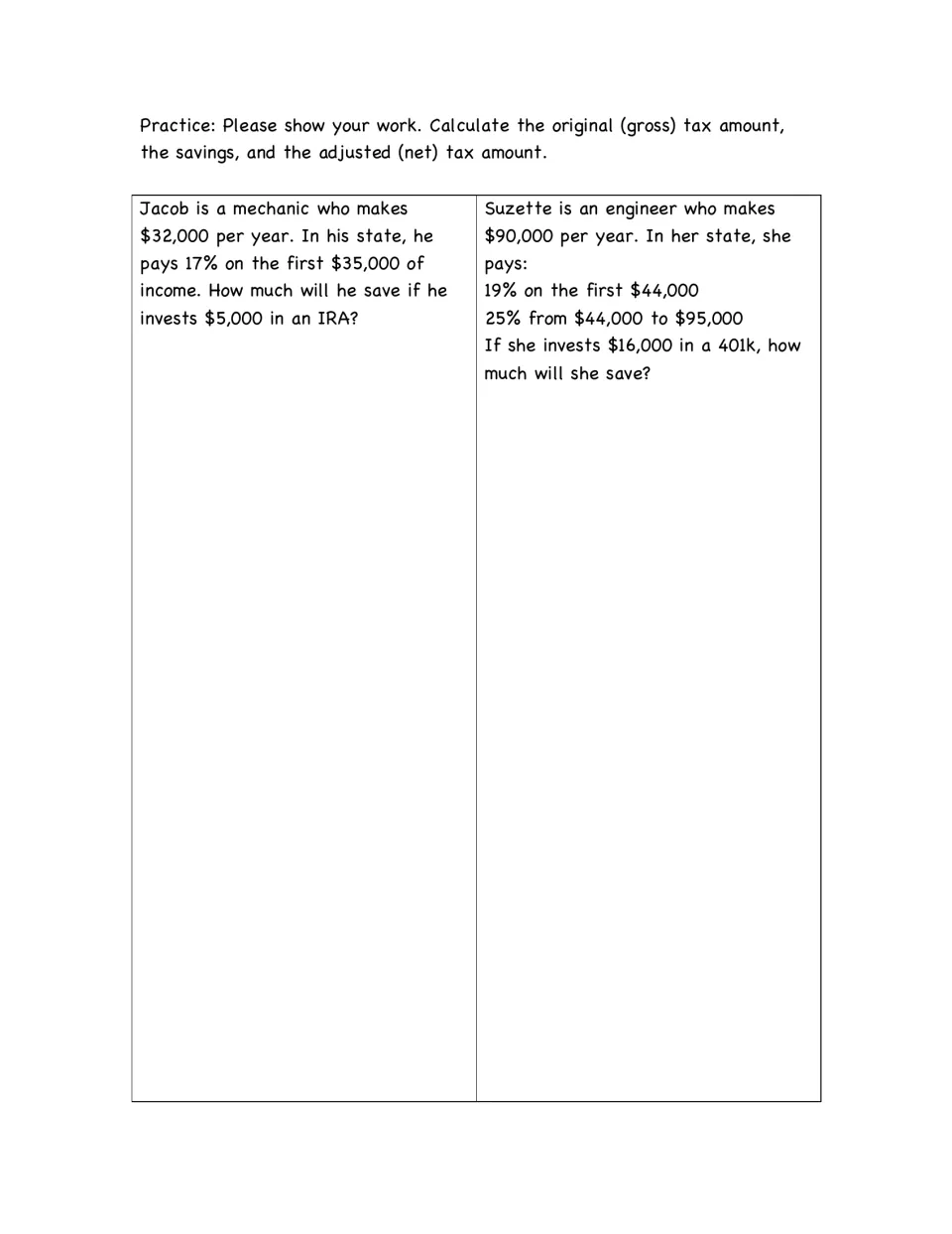 Tax savings practice: students find gross tax, savings and net tax for Jacob's IRA and Suzette's 401k using tax brackets