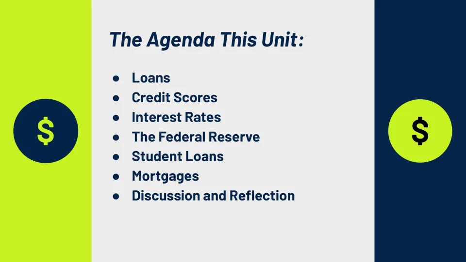 Unit agenda slide lists loans, credit scores, interest rates, the Federal Reserve, and three more topics