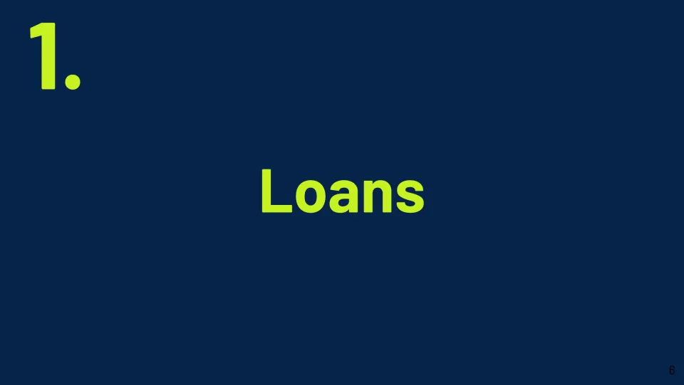 Section 1 divider slide introduces loans as the first topic in the financial literacy borrowing unit