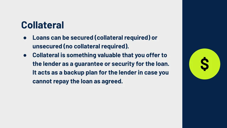 Collateral lesson slide distinguishes secured and unsecured loans and defines property pledged as security