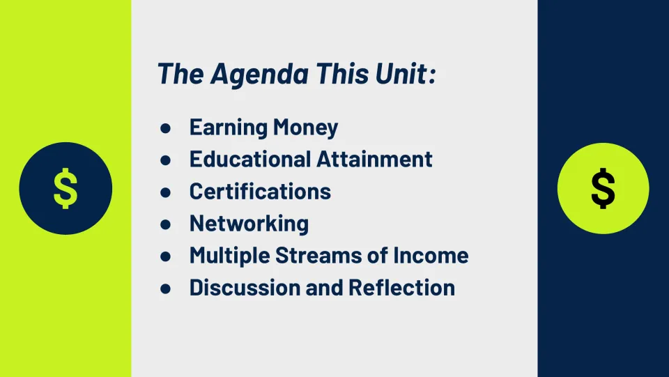 Unit agenda slide lists earning money, educational attainment, certifications, networking, and two more