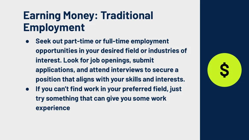 Traditional employment slide covers part-time and full-time jobs, applications, interviews, and work experience