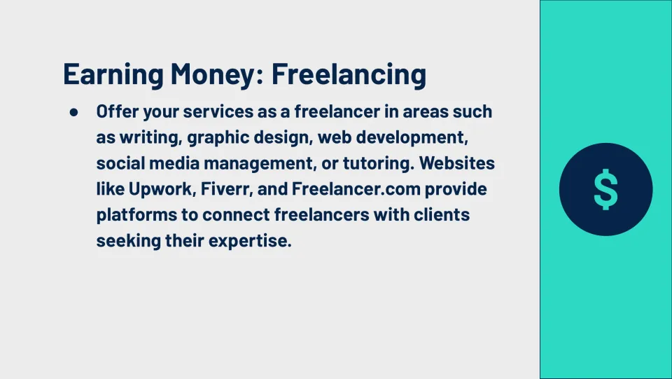 Freelancing slide describes offering skills to clients and names Upwork, Fiverr, and Freelancer.com