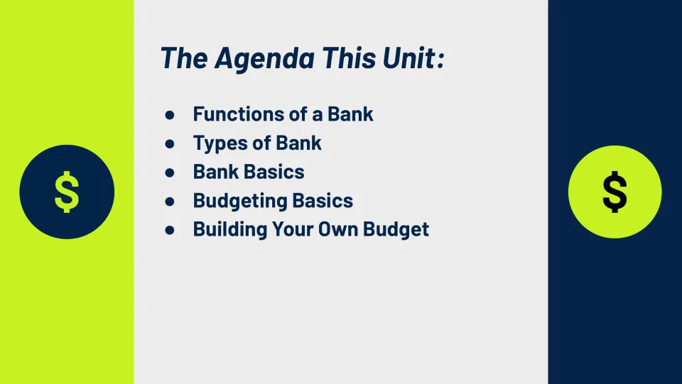 Unit agenda slide lists bank functions, types of banks, bank basics, budgeting basics, and building a budget