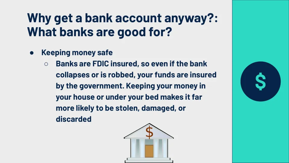 Bank functions lesson slide discusses keeping money safe, FDIC insurance, and risks of storing cash at home