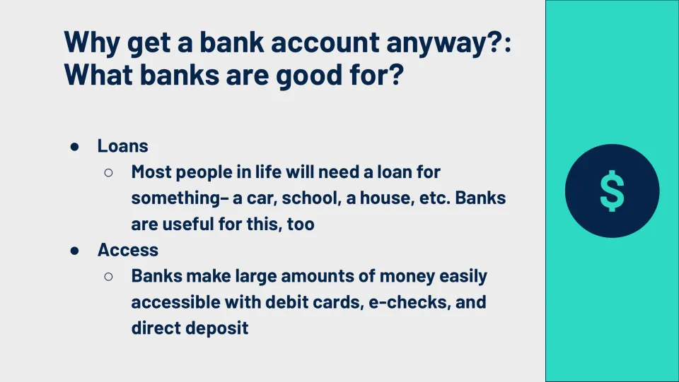 Bank functions lesson slide covers loans for cars, school, and houses, plus debit cards and direct deposit