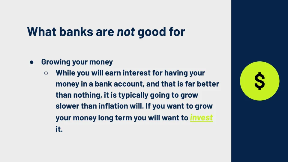 Banking lesson slide contrasts bank account interest with inflation and introduces investing for growth
