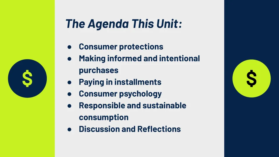 Unit agenda slide lists consumer protections, intentional purchases, installment payments, and three more topics
